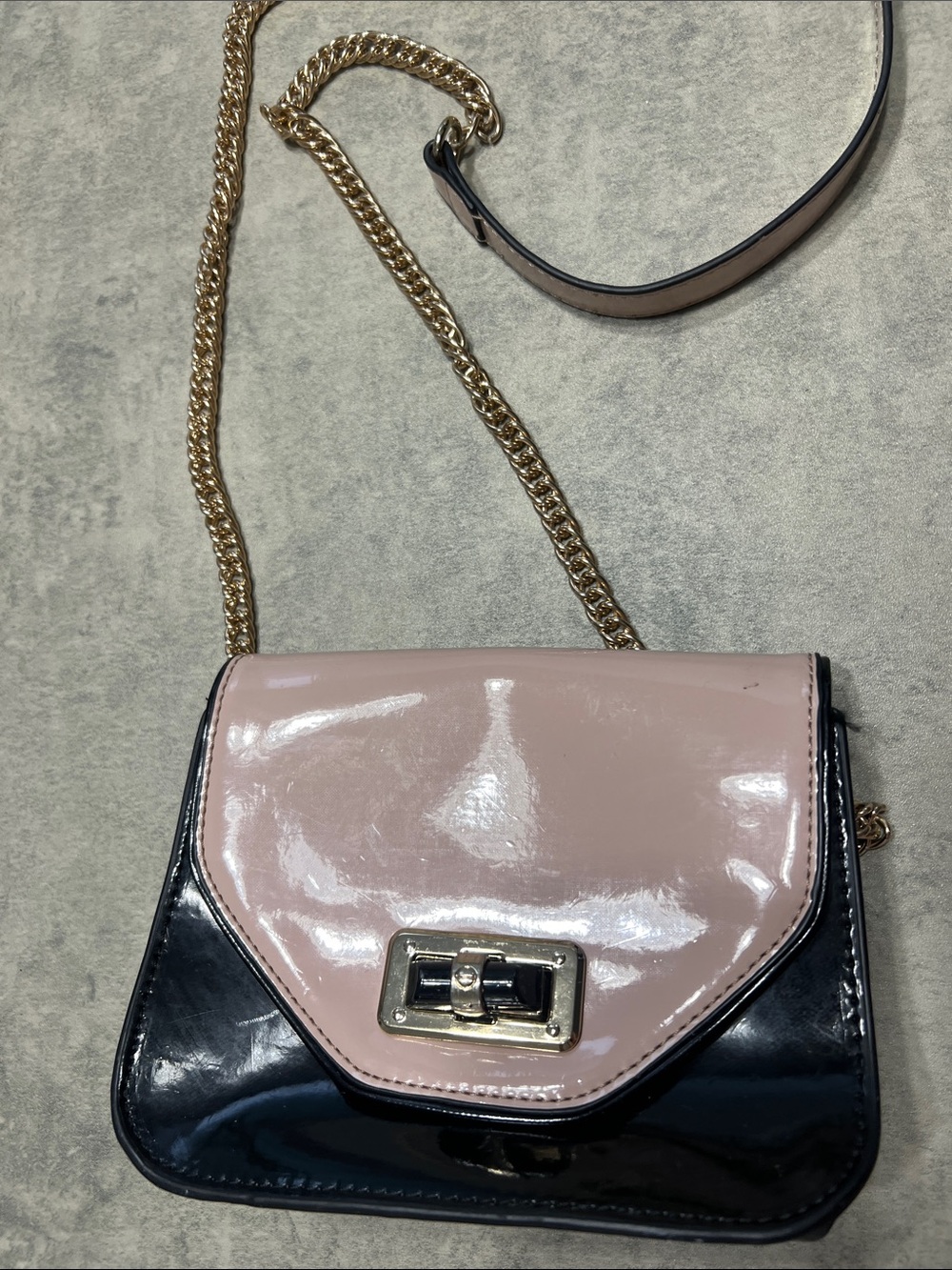 le chateau Pink and Black Patent Crossbody with Gold Chain